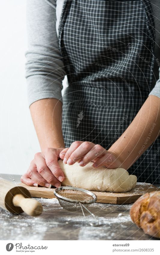 Woman kneading bread dough Bread Make Hand Kitchen Apron Flour Yeast Home-made Baking Dough Human being Preparation Stir Ingredients Raw