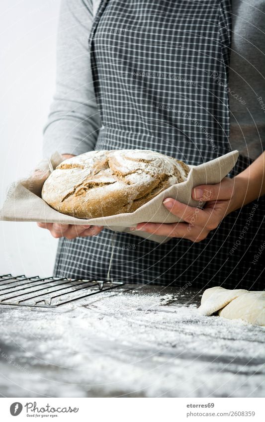 woman showing handmade bread at home Woman Bread Make Kneel Hand Kitchen Apron Flour Yeast Homemade Baking Dough Human being Preparation Stir Ingredients Raw