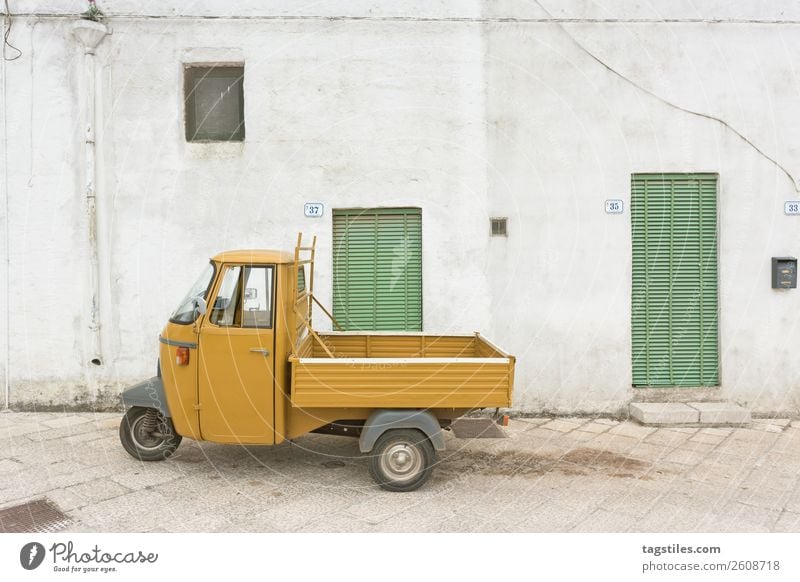 Specchia, Apulia - An old historic three wheeler Car City Cobblestones Colour Design Europe Fishing village Historic Italy Lanes & trails Alley Lattice window