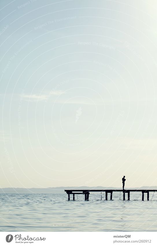 Piece. Art Esthetic Contentment Calm Remote Wellness Idyll Meditation Footbridge Water Surface of water Human being Prayer Monk Concentrate Lake Lakeside