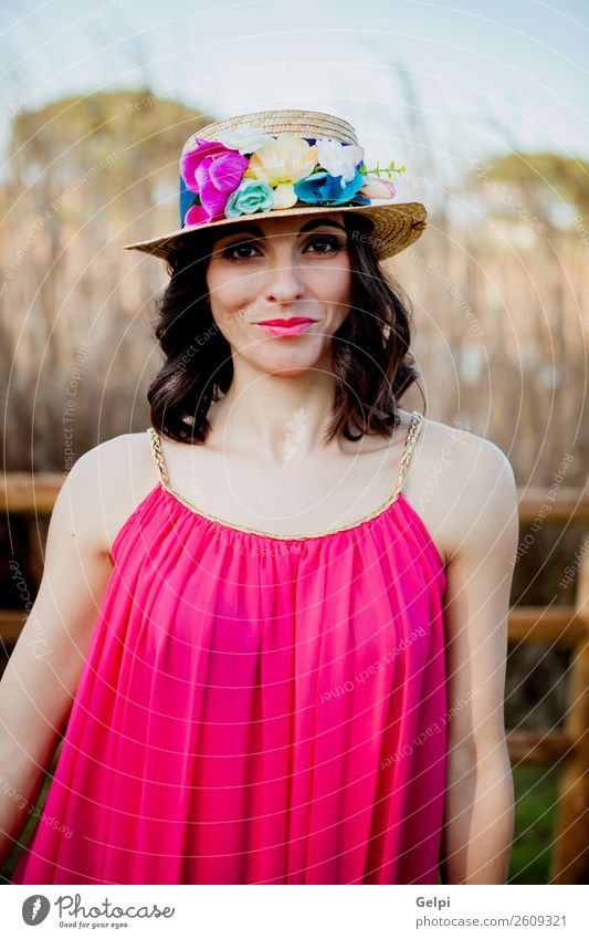 Pretty brunette woman Lifestyle Style Beautiful Human being Woman Adults Nature Landscape Flower Fashion Clothing Dress Hat Brunette Eroticism Cute Retro Pink