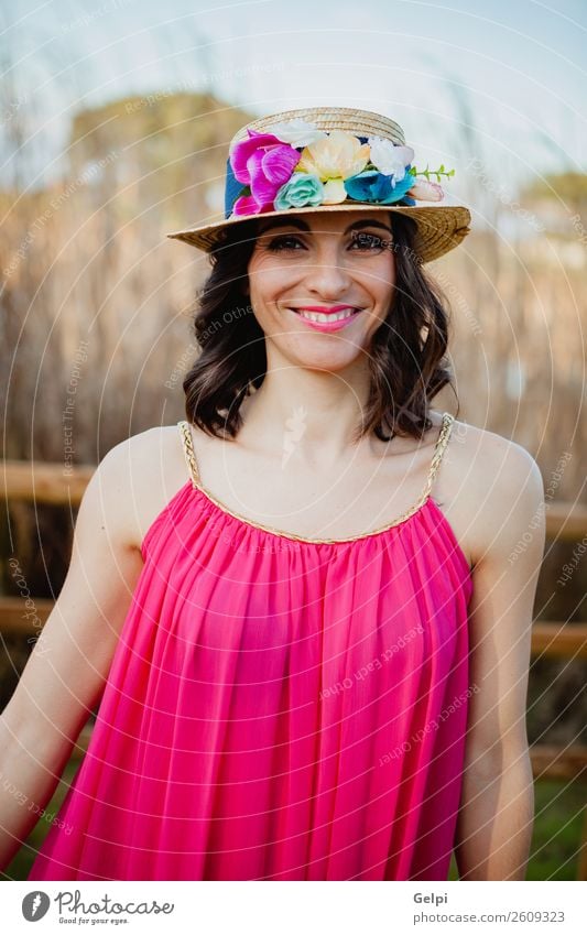 Pretty brunette woman Lifestyle Style Beautiful Human being Woman Adults Nature Landscape Flower Fashion Clothing Dress Hat Brunette Eroticism Cute Retro Pink