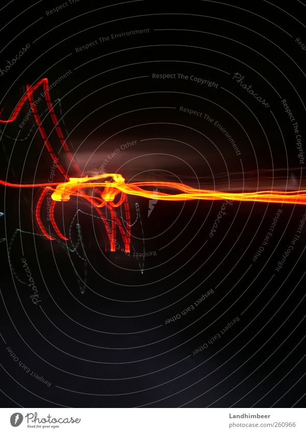 Car lights different. Sharp-edged Speed Red Black Colour photo Exterior shot Night Long exposure Tracer path Deserted Yellow Prongs Line Copy Space bottom