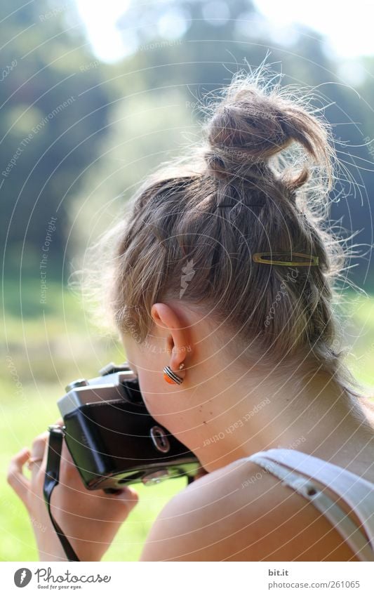 analog approach III Human being Feminine Young woman Youth (Young adults) Head Ear Back by hand Shoulder 1 Environment Nature Summer Beautiful weather Bright