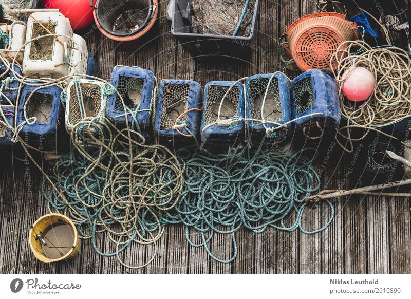 fishing Work and employment Profession Fishing village Deserted Bowl Box Wood Line Knot Net Blue Multicoloured Yellow Orange Red Gluttony Voracious Footbridge