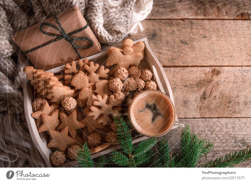 Tray with Christmas cookies and coffee Lifestyle Happy Leisure and hobbies Winter Decoration Table Family & Relations Warmth Tradition Christmas settings