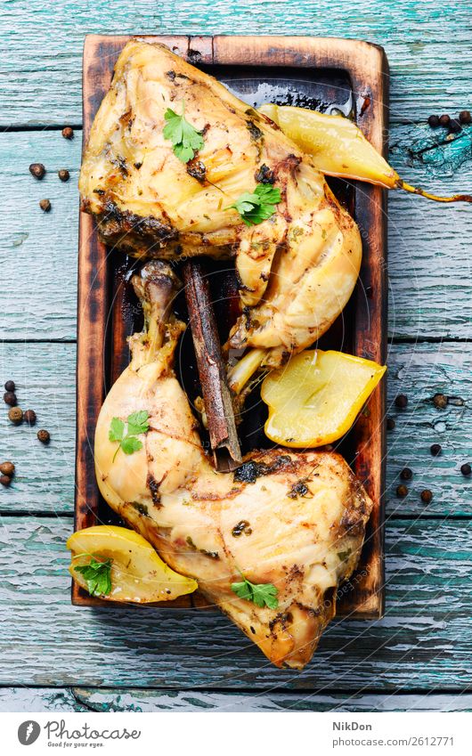 Chicken stewed in pear chicken meat baked meal autumnal roast chicken apricot sauce roasted grilled baked chicken american grilled chicken grilled meat food