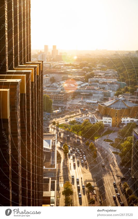 Autumn panoramic view of Berlin X Central perspective Deep depth of field Sunbeam Sunlight Shadow Light Morning Copy Space middle Copy Space bottom