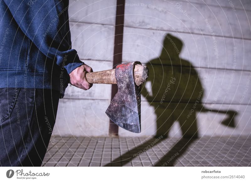 man with mask and ax on halloween Meat Make-up Hallowe'en Human being Man Adults Aggression Dark Crazy Anger White Death Horror Force killer costume Hockey