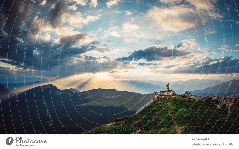 Mountains and people Landscape Sky Sun Sunrise Sunset Sunlight Autumn Beautiful weather Alps Peak Hiking Free Enthusiasm Passion Dream Adventure Loneliness