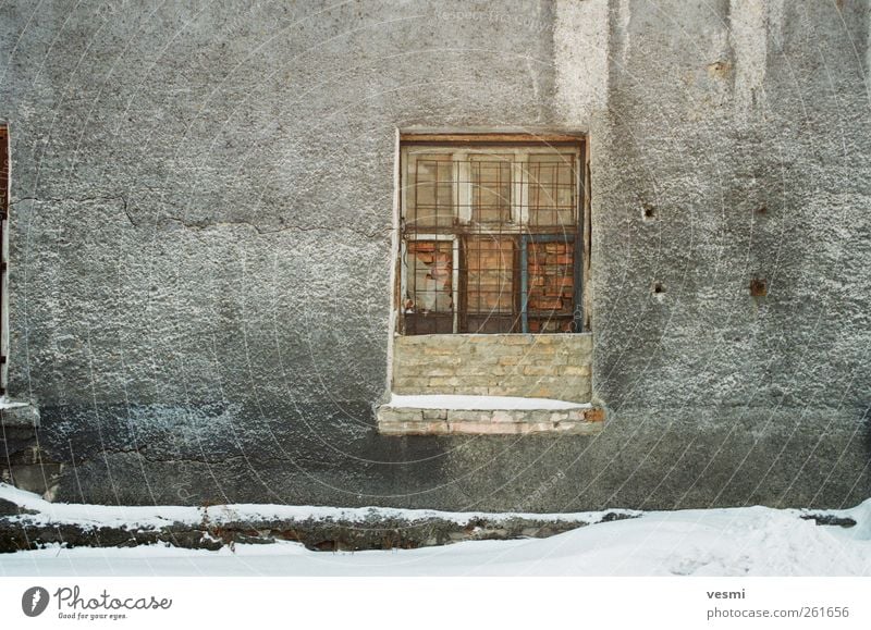 windows Industrial plant Factory Wall (barrier) Wall (building) Window Old Fear of the future Grating Brick Closed Derelict Winter Gray Hollow Colour photo