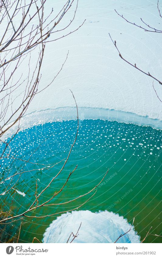 partially open, semicircular ice surface on a lake. Climate change, global warming Water Winter Ice Frost Snow Pond Lake Global warming Frozen surface Thaw