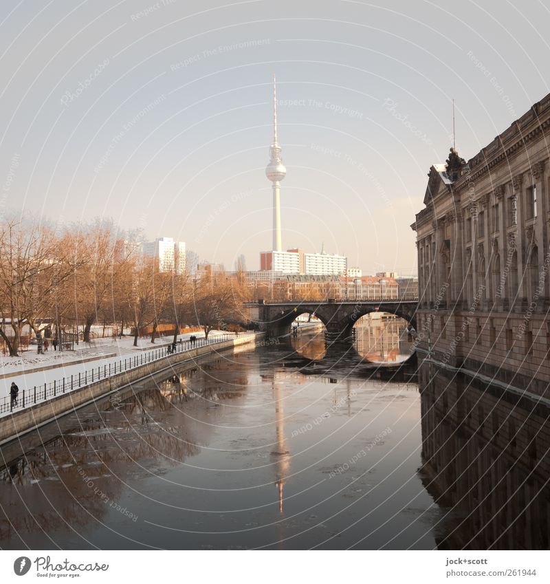 Mirror, mirror on the Spree Cloudless sky Winter Frost River bank Downtown Berlin Capital city Tourist Attraction Landmark Museum island Berlin TV Tower Bridge