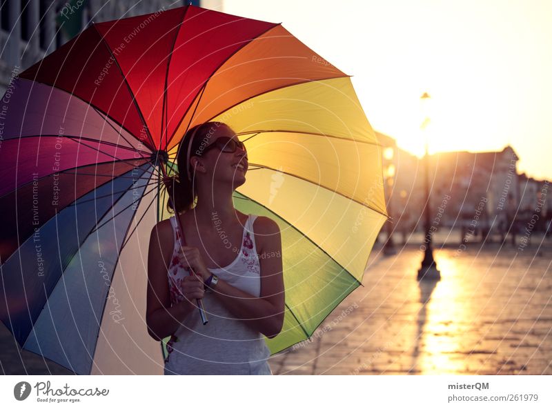 Hello Sunshine. Art Work of art Esthetic Prismatic colors Umbrella Venice Wanderlust City trip Woman Laughter Joy Joie de vivre (Vitality) Comical Sunshade