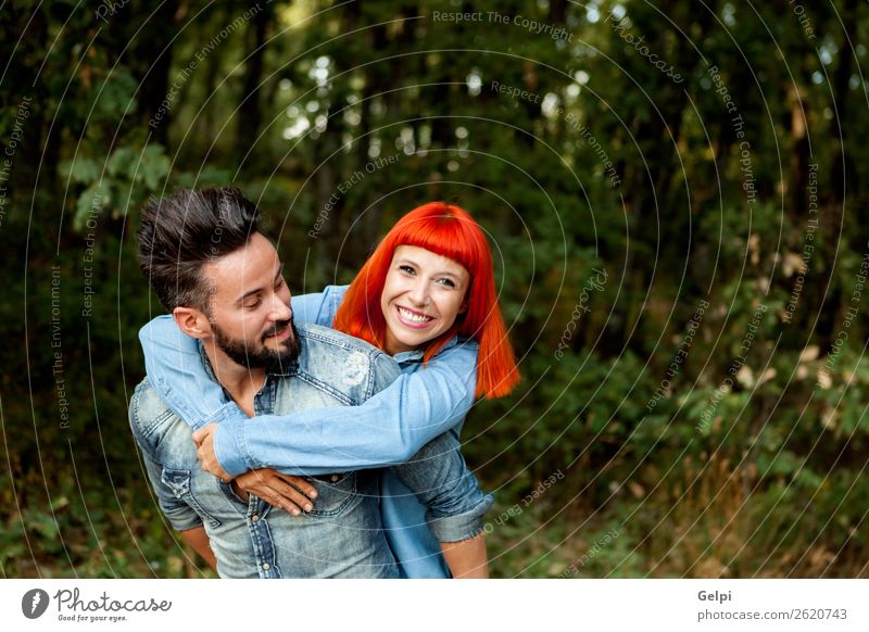 Handsome guy giving piggyback Lifestyle Joy Happy Beautiful Leisure and hobbies Summer Human being Woman Adults Man Family & Relations Couple Red-haired Beard