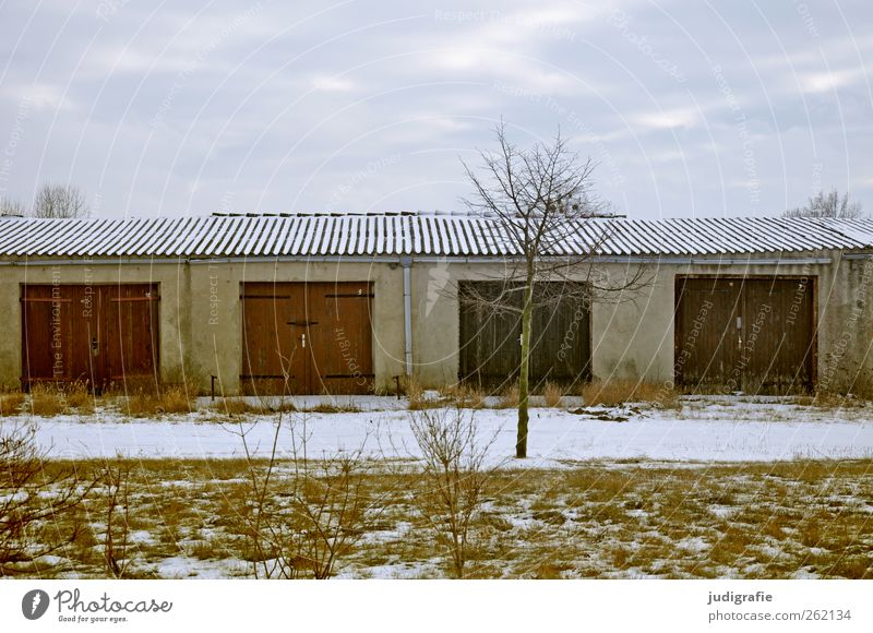 hate life Sky Winter Snow Tree Building Garage Garage door Wall (barrier) Wall (building) Facade Door Roof Gloomy Moody Colour photo Exterior shot Deserted