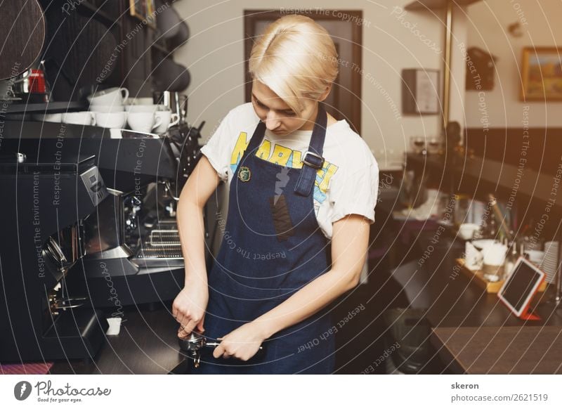 smiling young Barista making coffee in cafe Lunch To have a coffee Beverage Hot drink Lifestyle Restaurant Cocktail bar Work and employment Profession Workplace