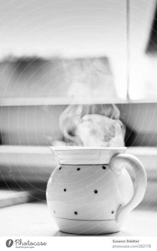 teatime Beverage Hot drink Drinking water Tea Fragrance Steam Haze Teapot Teabag Teatime Porcelain Window Window board Kitchen Table Black & white photo