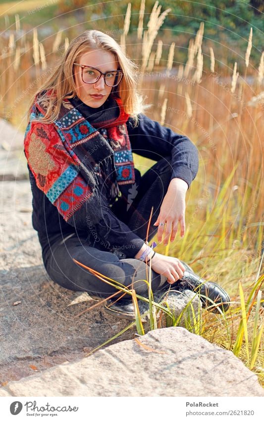 #A# AmSee 1 Human being Esthetic Fashion Model Manikin Woman Nature Exterior shot Beautiful weather Sit Fern Looking Relaxation Scarf Pond Lake Colour photo