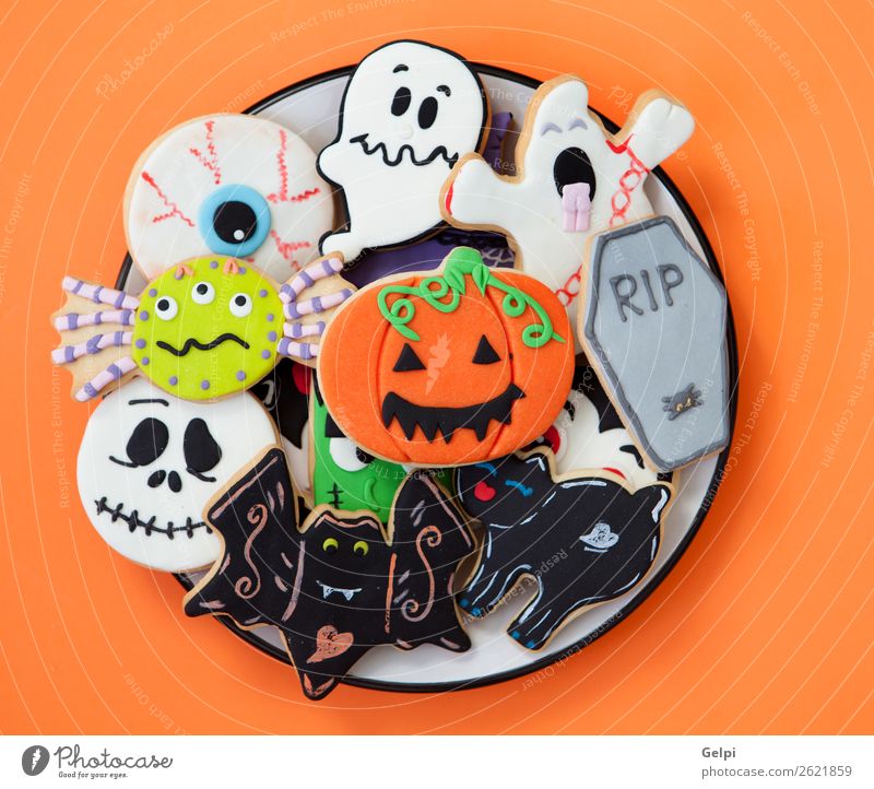 Happy Halloween Dessert Plate Joy Decoration Feasts & Celebrations Hallowe'en Autumn Cat Spider Delicious Black White Fear holiday food Pumpkin Flour hat witch