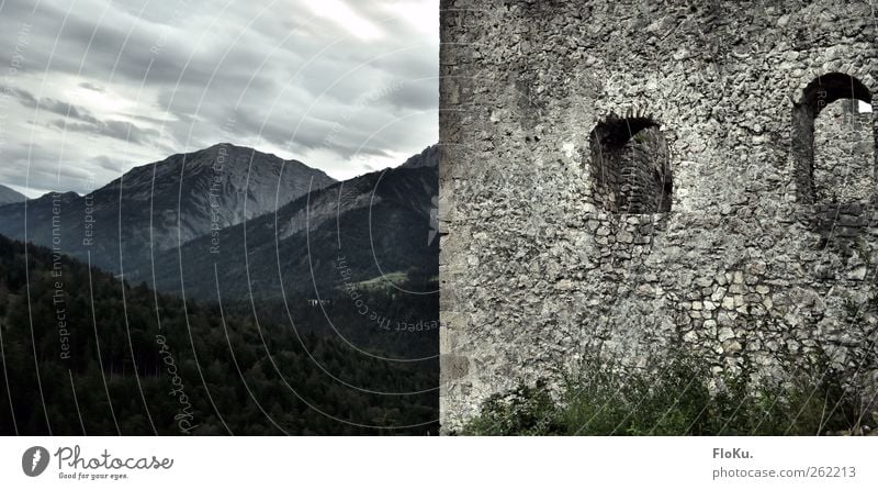 Half and half Landscape Clouds Bad weather Forest Hill Rock Alps Mountain Deserted Old Dark Gray Green Decline Ruin Castle Austria Castle ruin Colour photo