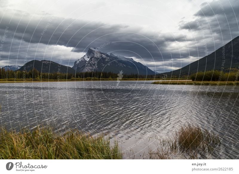 much area Vacation & Travel Trip Nature Landscape Sky Clouds Autumn Bad weather Grass Mountain Lakeside Vermilion Lakes Climate Sustainability Canada