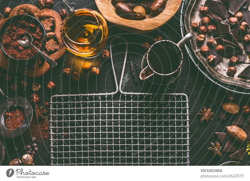 Chocolate with cocoa powder, nuts and brandy Food Nutrition Hot Chocolate Alcoholic drinks Crockery Style Design Background picture Vintage Cocoa bean Spirits