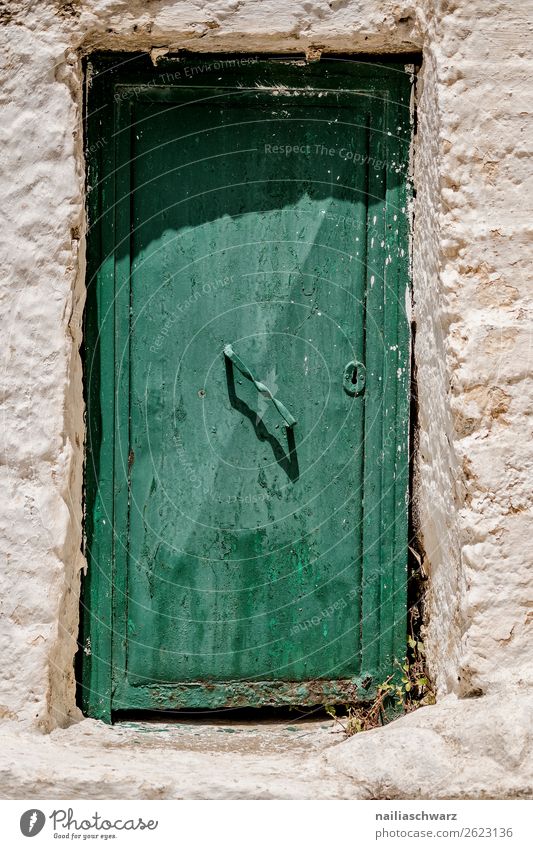 green door Vacation & Travel Summer Nature Wall (barrier) Wall (building) Facade Window Door Bell Stone Wood Sharp-edged Simple Broken Natural Beautiful Gray