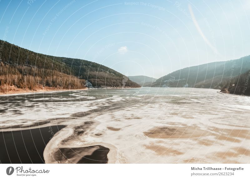 Ice and snow at the mountain lake Nature Water Sky Clouds Autumn Winter Beautiful weather Fog Frost Snow Forest Lake River dam Leibis-Lights Thuringia