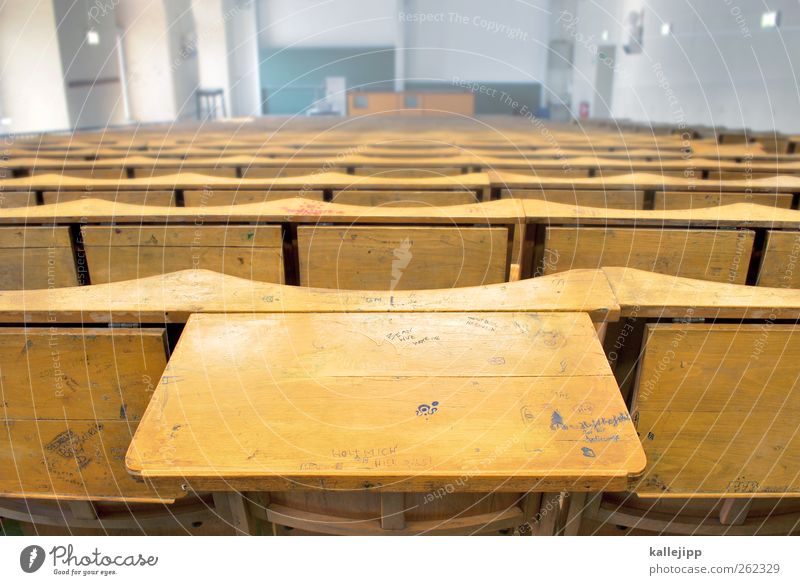 semester break Education Science & Research School Study School building Classroom Blackboard Academic studies Lecture hall Tabletop Row of seats Graffiti Wood