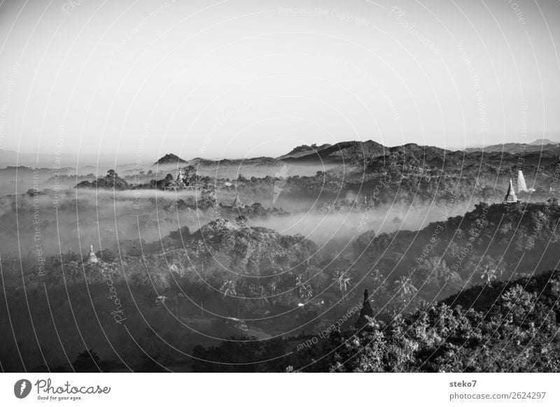 Temple of Mrauk U at dawn Fog Forest Hill Myanmar Pagoda Exotic Belief Mystic Spirituality Buddhism Dawn Black & white photo Deserted