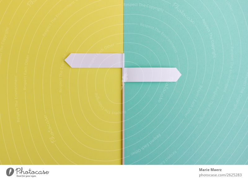 Signpost with 2 options Work and employment Career Team Study Make Modern New Multicoloured Yellow Turquoise Flexible Fear of the future Beginning Movement