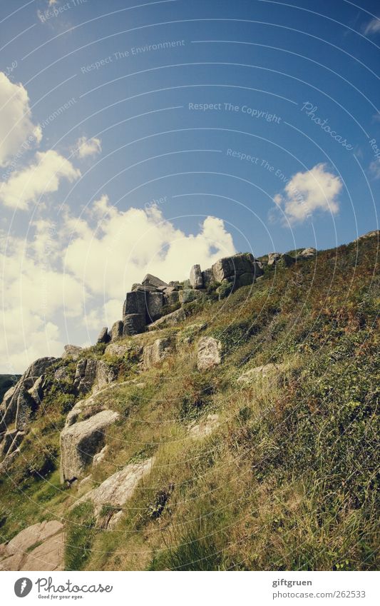 high up Environment Nature Landscape Plant Sky Clouds Summer Autumn Tall Stone Stony Grass Meadow Go up Climbing Rock Cornwall England Great Britain Steep