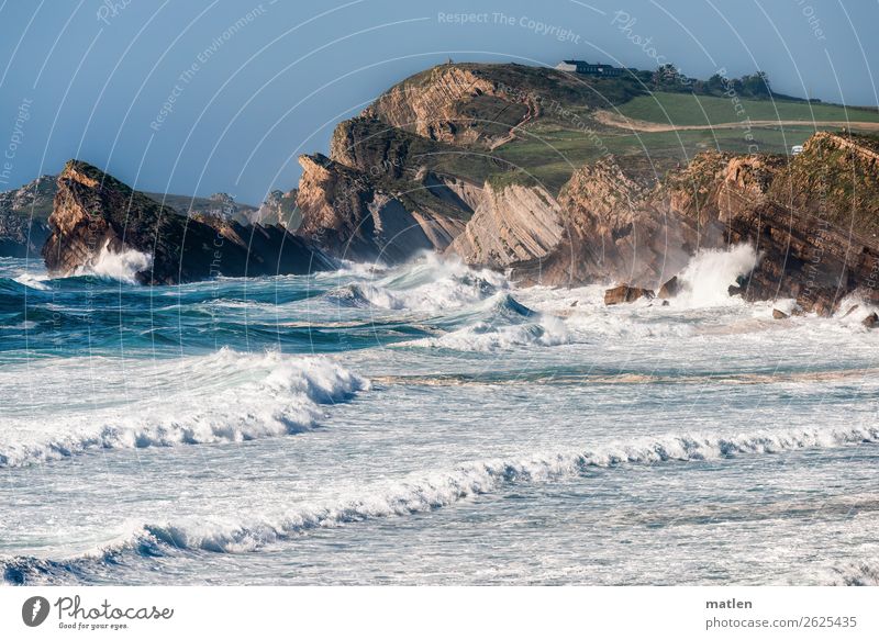 wild shore Nature Landscape Sky Cloudless sky Horizon Summer Beautiful weather Wind Grass Meadow Rock Mountain Waves Coast Bay Ocean Wild Blue Brown Green White