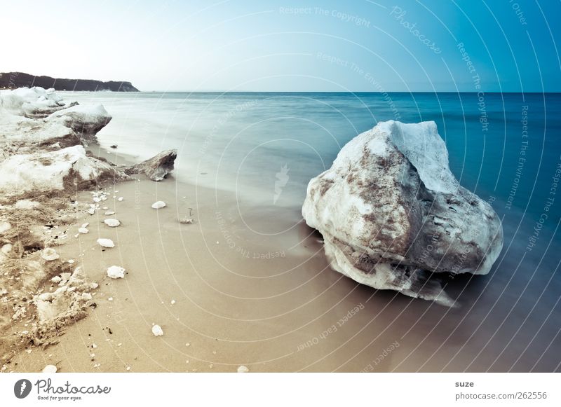 winter erratic block Environment Nature Landscape Elements Sand Sky Cloudless sky Horizon Winter Climate Ice Frost Snow Coast Beach Baltic Sea Ocean Island