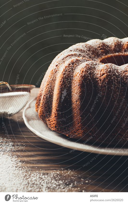 Bundt cake Yoghurt Dessert Breakfast Plate Table Wood Dark Fresh Juicy Brown Tradition bundt bundt cake Baking food Home-made sweet Bakery Patisserie