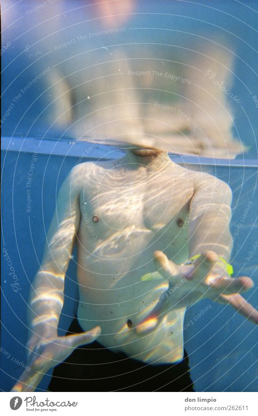 Give me the camera! Masculine Swimming & Bathing Beautiful Man Sunlight Grasp Stretching Surface of water Blue Swimming pool Leisure and hobbies