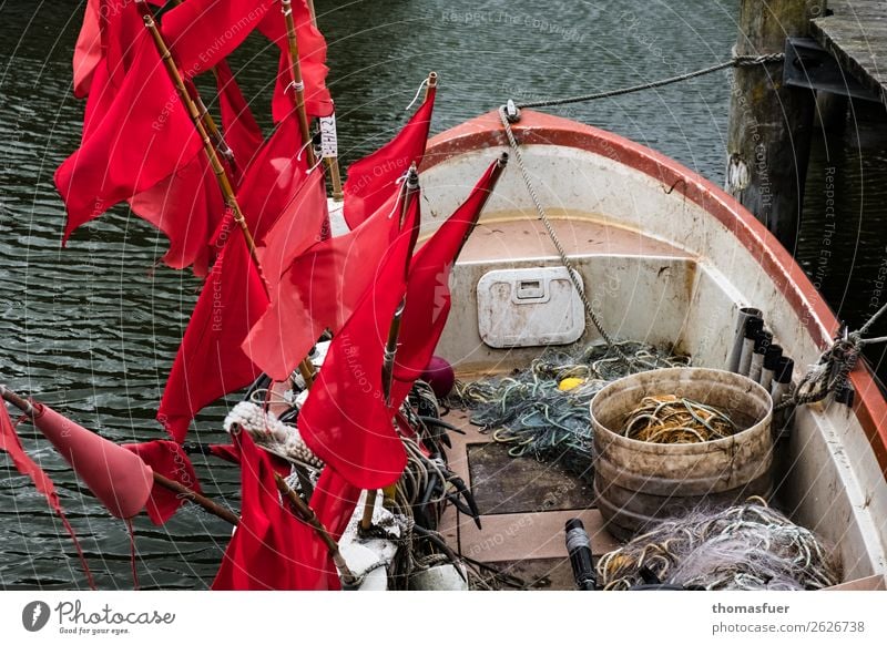 fishing boat, fishing flags Fish Vacation & Travel Far-off places Ocean Fishing (Angle) Fisherman Fishery Fishing boat Fishing net Bad weather Coast Baltic Sea