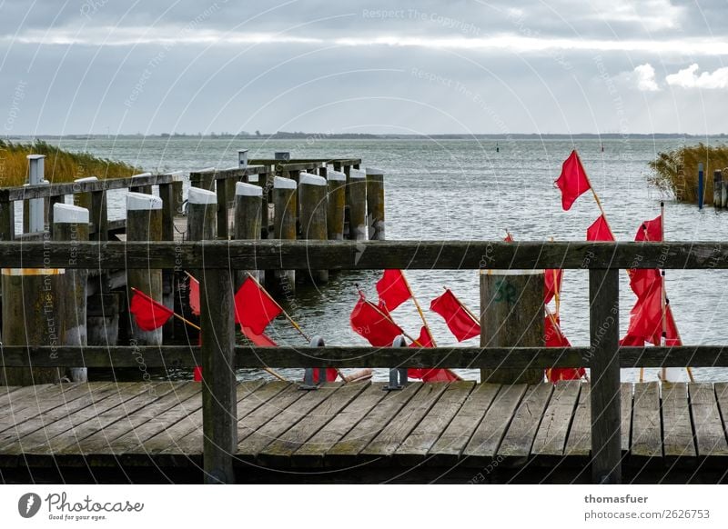 jetty, harbour, grey sky, sea, red fishing flags Fish Fishing (Angle) Trip Far-off places Beach Ocean Island Waves Fisherman Fishery Landscape Sky Clouds