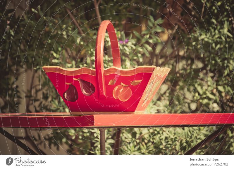 The basket on the table Plant Bushes Esthetic Kitsch Beautiful Happy Contentment Basket Bowl Wood Table Red Green Complementary colour Handcrafts Painted