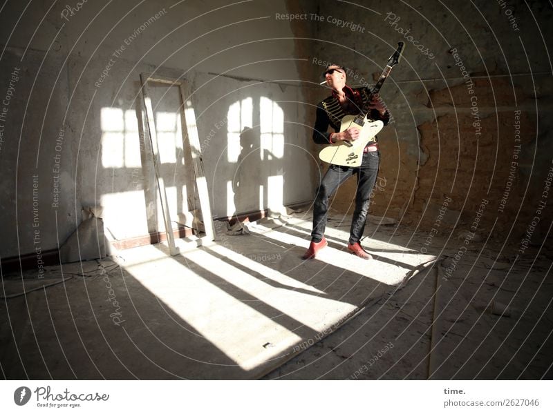 GuitarMan Room Masculine Adults 1 Human being Music Stage Musician Ruin lost places Sunglasses Brunette Short-haired To hold on Smoking Playing Stand Dark