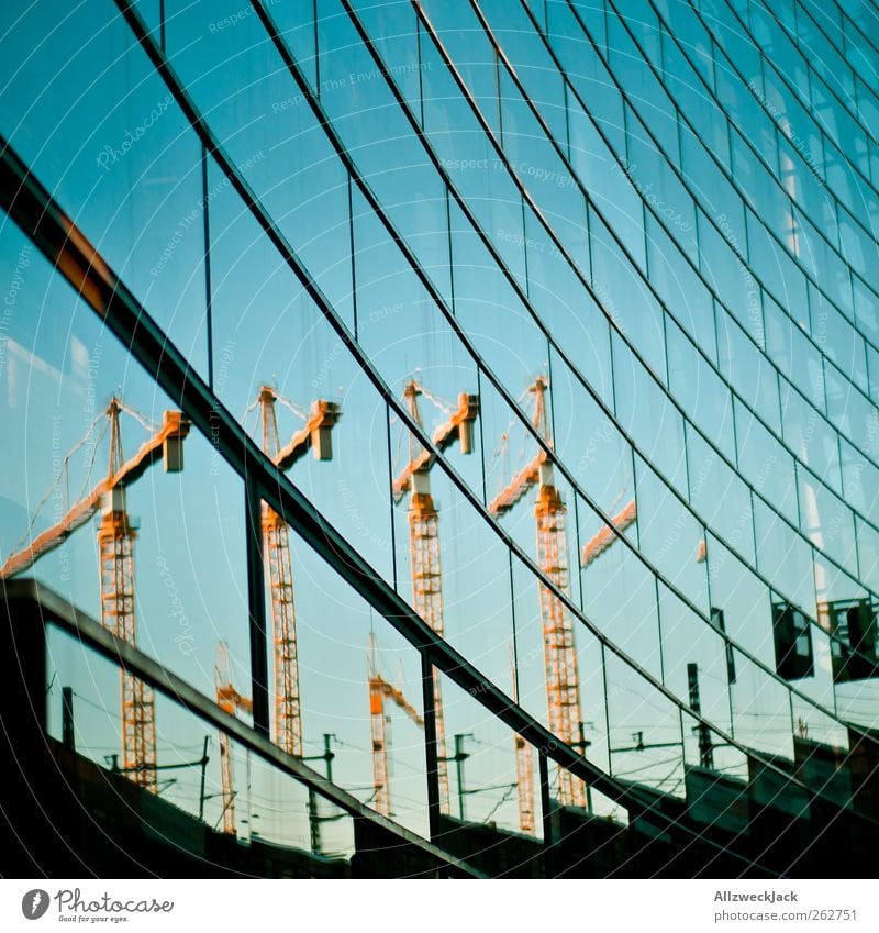 hall of mirrors Construction site Bank building Building Architecture Facade Blue Esthetic Perspective Surrealism Change Crane New building Glas facade Glass