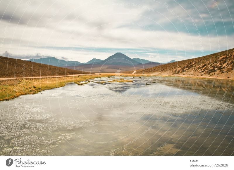 Above and below Calm Summer Mountain Environment Nature Elements Earth Sky Climate Beautiful weather Peak Lakeside Bright Chile South America Salar de Atacama