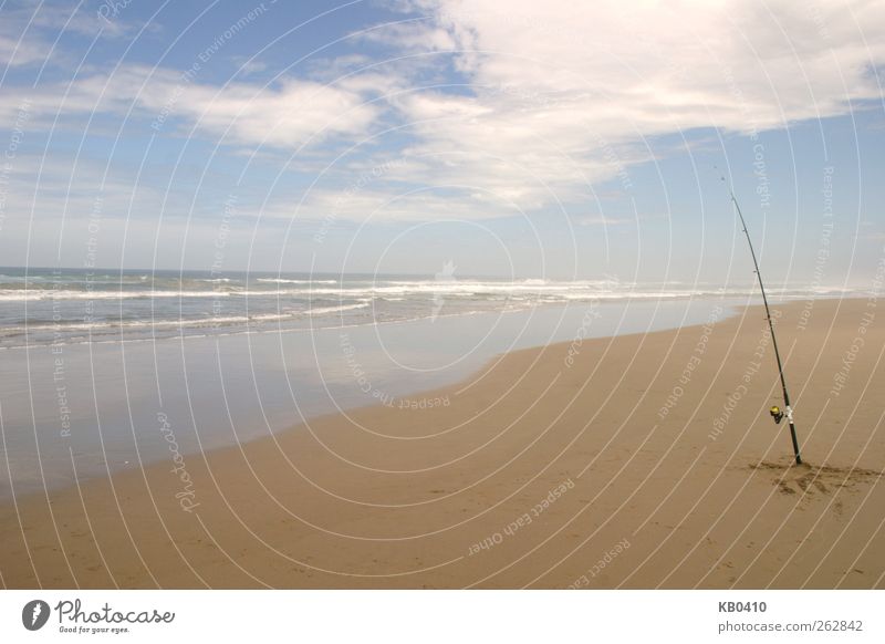 Just a fishing rod Fishing (Angle) Sand Water Sky Horizon Summer Waves Ocean Swimming & Bathing Blue Brown Contentment Calm Freedom Colour photo Exterior shot