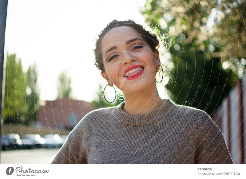 Smiling adolescent in street Lifestyle Joy Beautiful Healthy Vacation & Travel Tourism Trip Young woman Youth (Young adults) Woman Adults Nature Plant Village