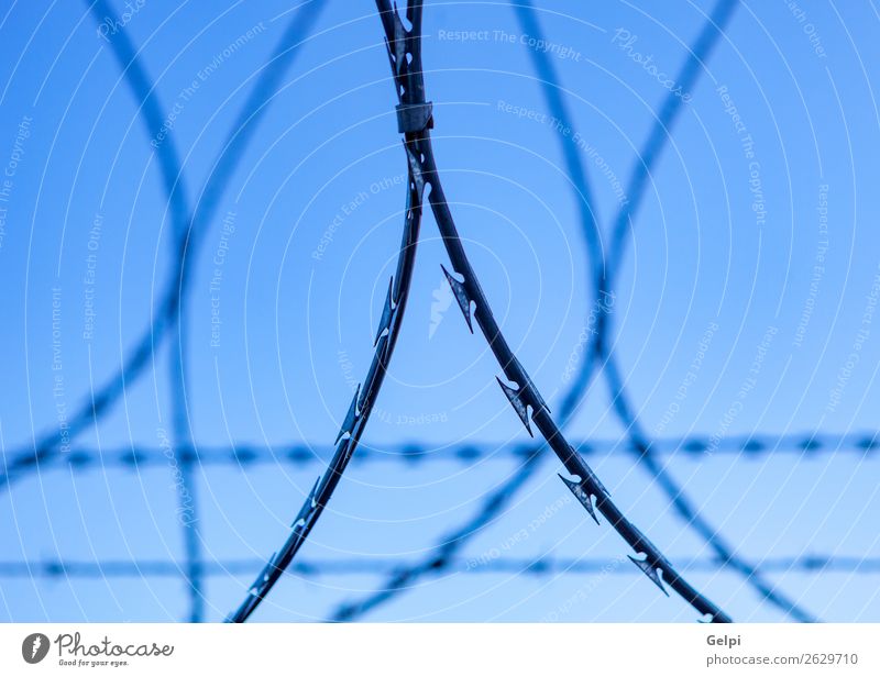 Fence with a barbed wire Freedom Camping Sky Metal Steel Rust Line Blue Black White Safety Protection Safety (feeling of) Dangerous War Penitentiary sharp