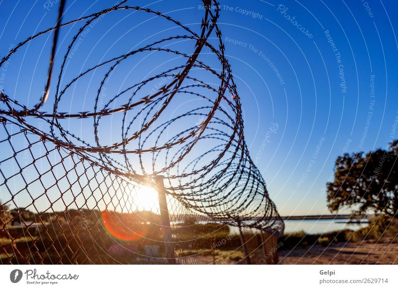 Fence with a barbed wire Freedom Camping Sky Metal Steel Rust Line Blue Black White Safety Protection Safety (feeling of) Dangerous War Penitentiary sharp