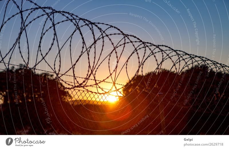 Fence with a barbed wire Freedom Camping Sky Metal Steel Rust Line Blue Black White Safety Protection Safety (feeling of) Dangerous War Penitentiary sharp