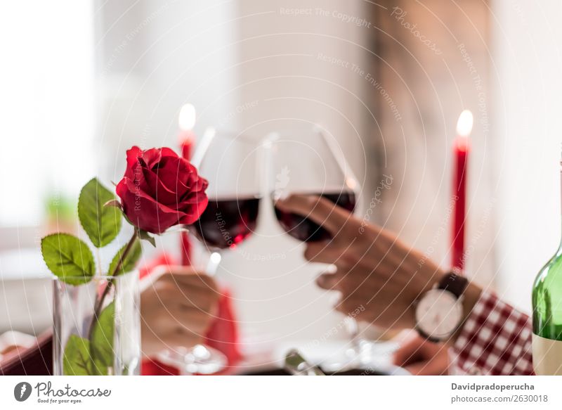 Young happy couple celebrating Valentine's day with a dinner at home drinking wine, cheers. Alcoholic drinks Beautiful boyfriend Guest Toast Couple Dinner