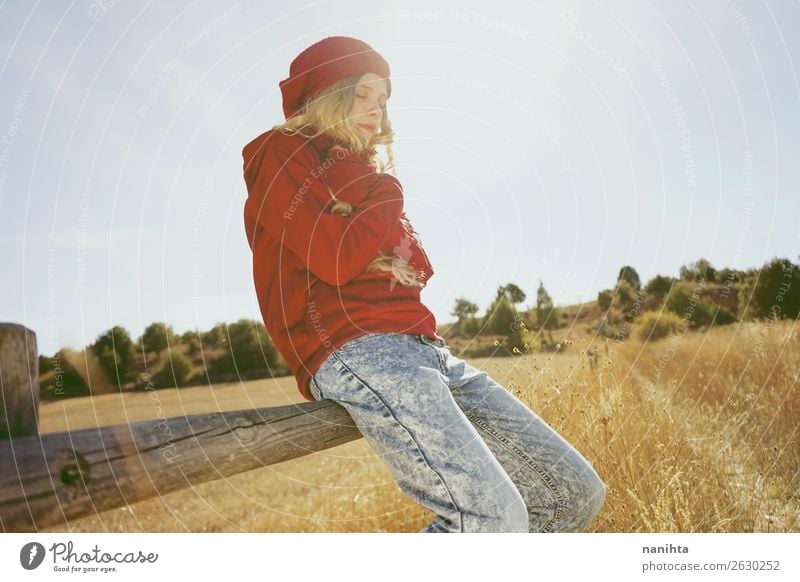 Young woman alone in a sunny day in a field Lifestyle Style Joy Healthy Wellness Harmonious Well-being Senses Relaxation Vacation & Travel Far-off places